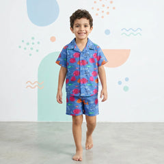Boys Blue Fish Printed Short Sleeves Shirt With Printed Shorts Sets