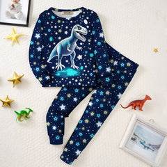Boys Black Dinosaur Printed Glow in the Dark T-Shirt & Pajama Winter Set