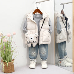 Boys Beige Hooded Sleeveless Puffer Vest With Patch Pockets