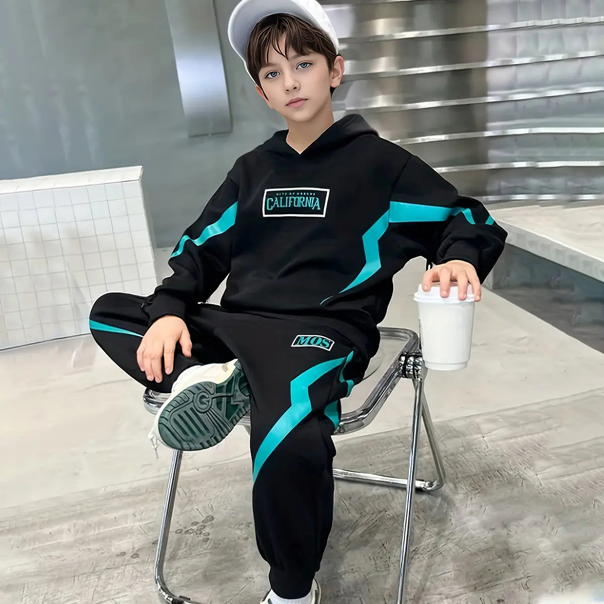 Boys Black Typographic Printed Hooded Sweatshirt With Jogger Sets