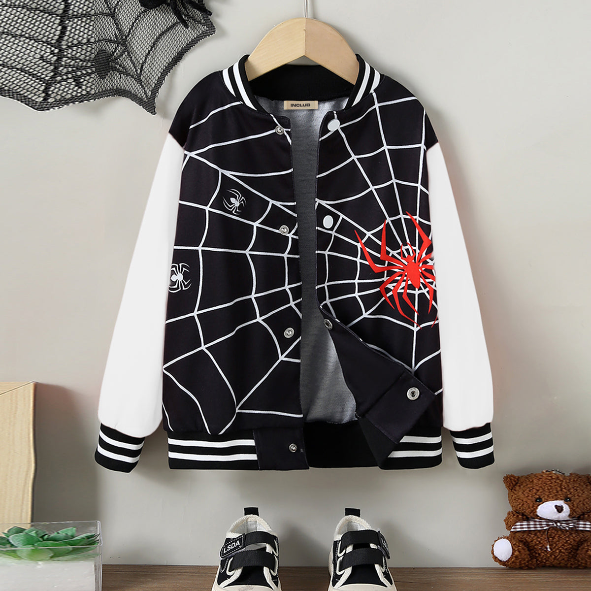 Boys Black Spider Printed Varsity Jacket
