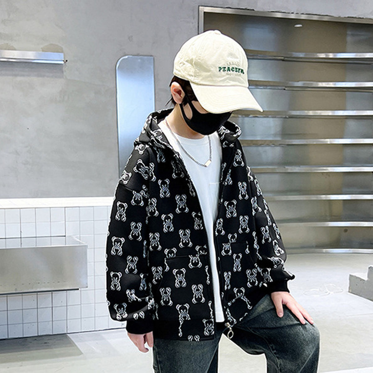 Boys Black Teddy Printed Hooded Front Zipper Winter Jacket
