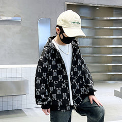 Boys Black Teddy Printed Hooded Front Zipper Winter Jacket