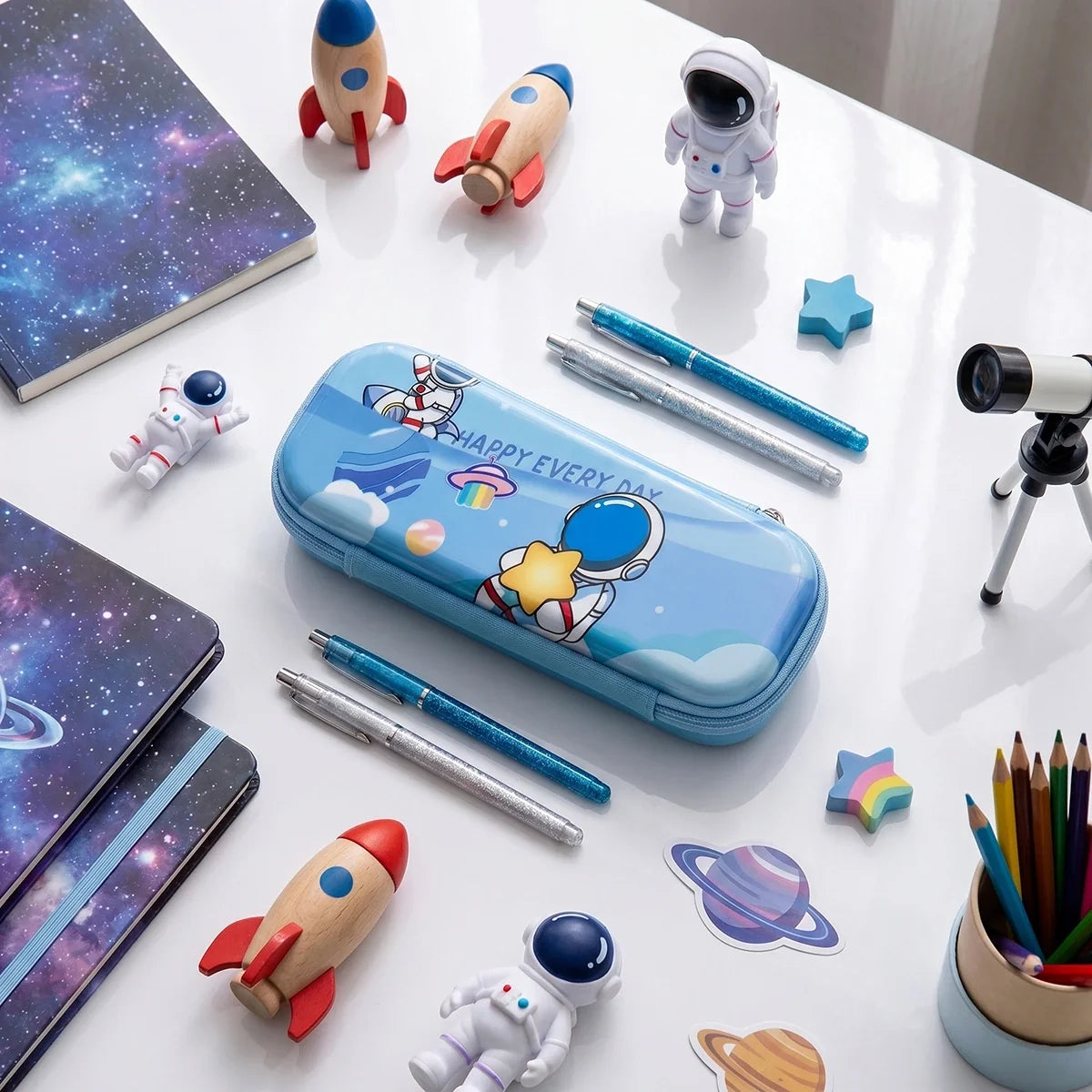 Astronaut Pencil Case -Light Blue 3D Space Gear for Kids
