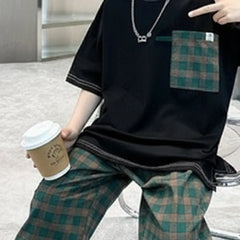 Boys Black Oversized T-Shirt With Checked Joggers Sets