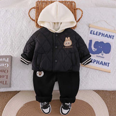 Boys Black Quilted Puffer Hooded Jacket With Jogger Sets
