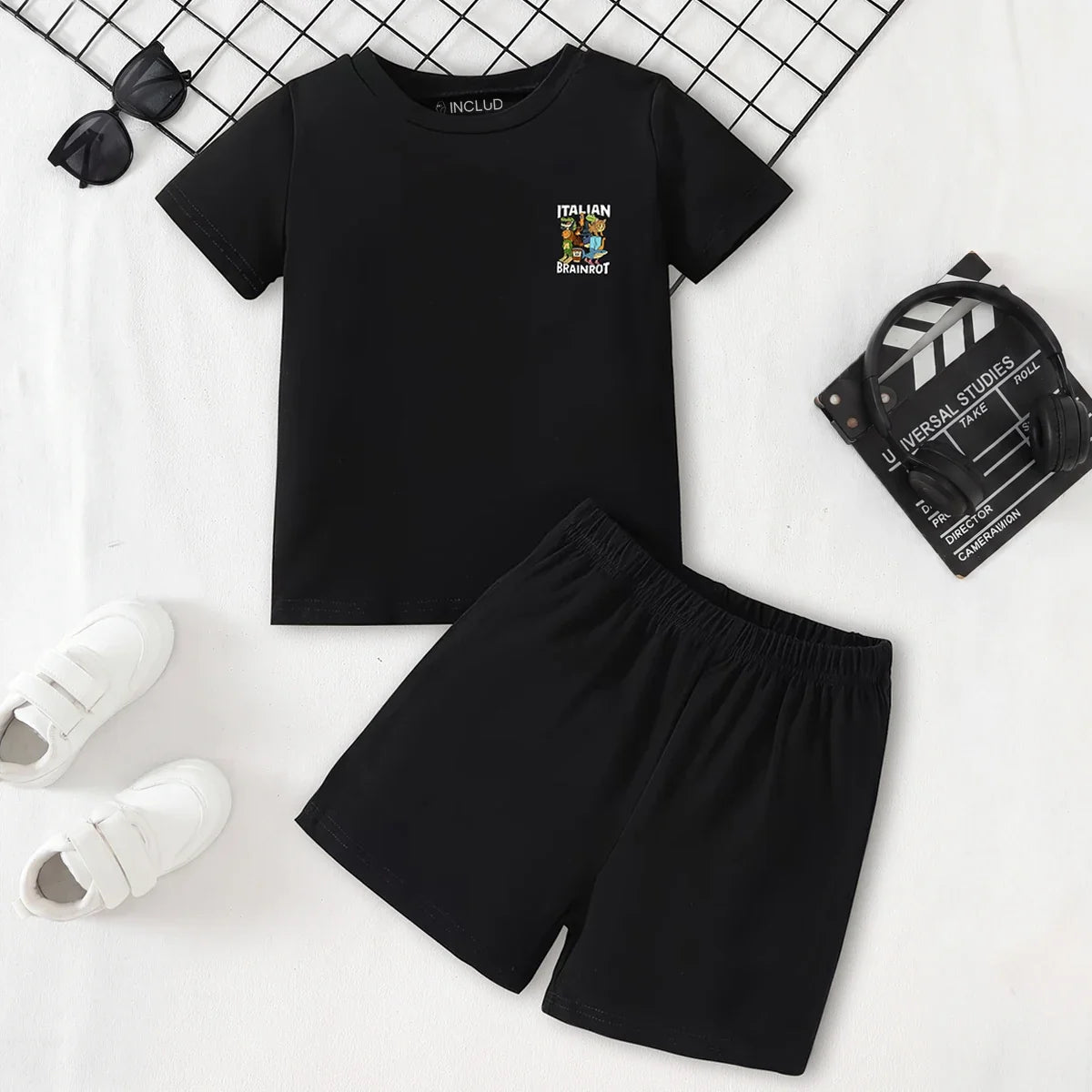 Boys Black Graphic Short Sleeve T-Shirt With Shorts Sets