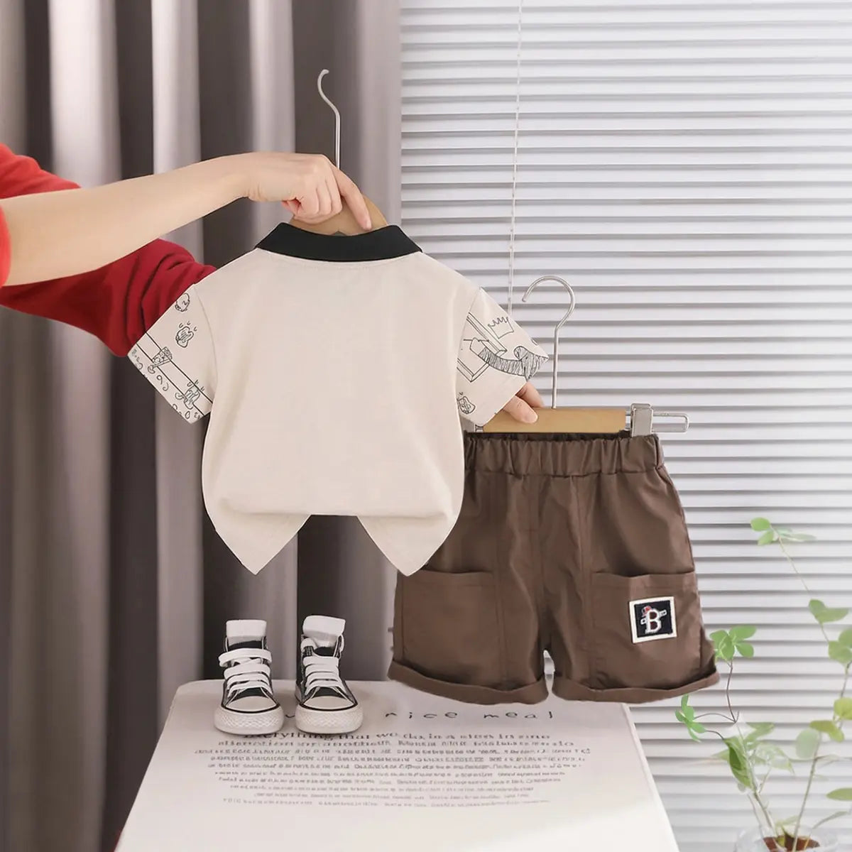 Boys Apricot Printed Short Sleeve Polo T-Shirt With Elasticated Shorts Sets