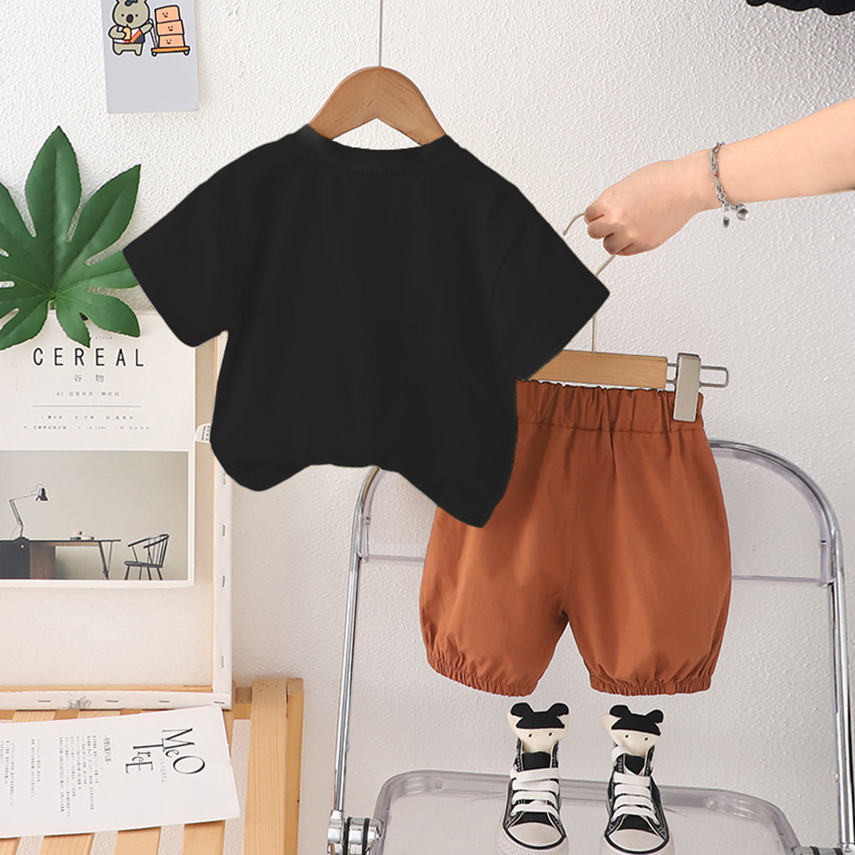 Boys Black Flower Applique Short Sleeves T-Shirt With Shorts Set
