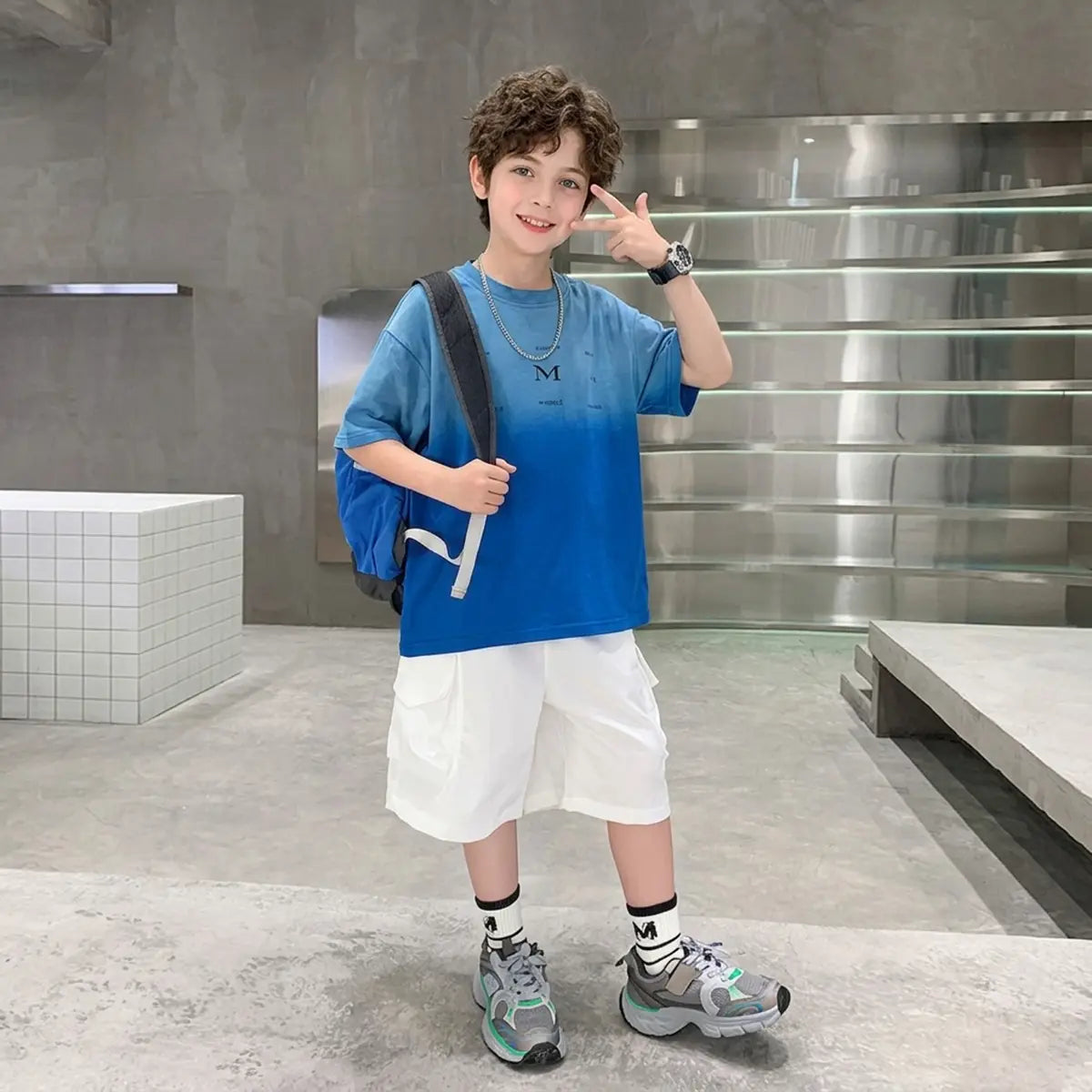 Boys Blue Ombre Print T-Shirt With Shorts Sets
