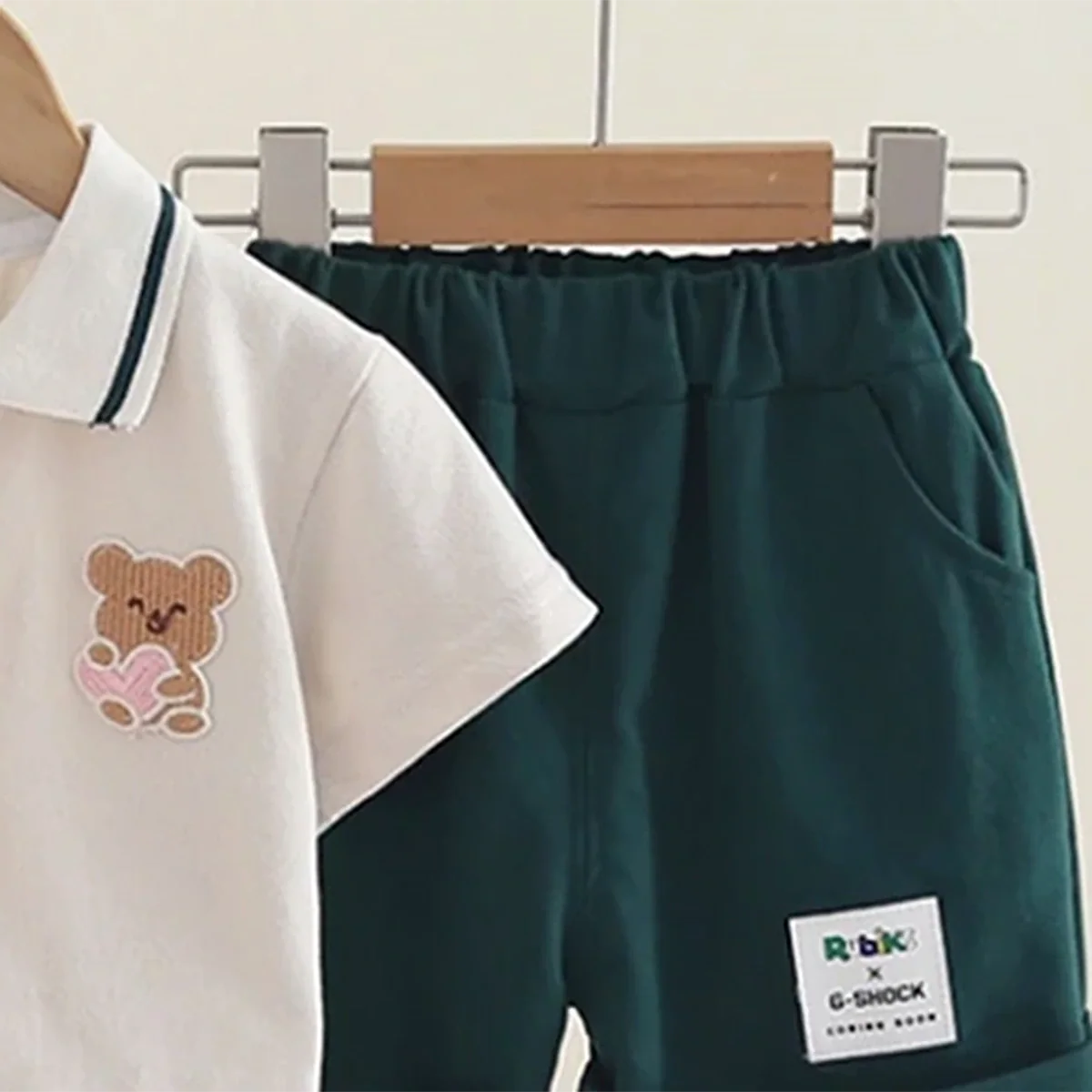 Boys Bear Patch Embroidered Polo T-Shirt With Necktie & Dark Green Shorts Set