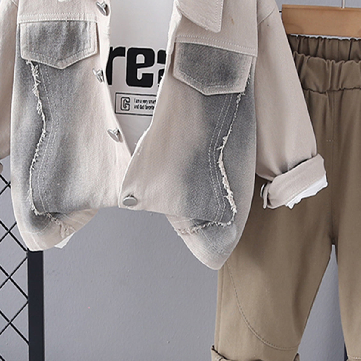 Boys Beige Solid Shacket With Printed T-Shirt & Pants Set