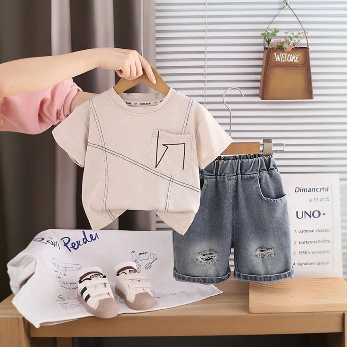 Boys Beige Graphic Printed Short Sleeve T-Shirt With Distressed Denim Shorts Sets