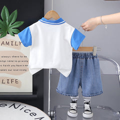 Boys Blue Dinosaur Printed Polo T-Shirt With Denim Shorts Set
