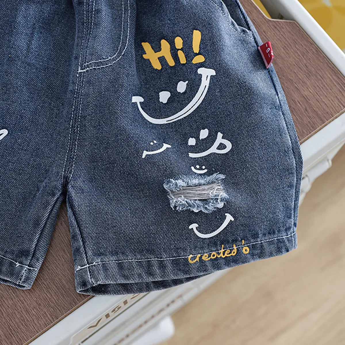 Boys Beige Typographic Print T-Shirt With Distressed Denim Shorts Set
