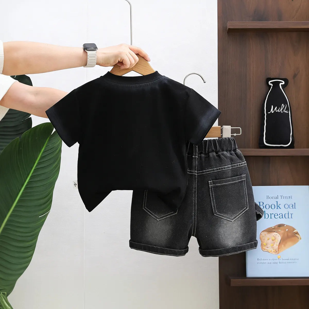 Boys Black Typographic Print T-Shirt With Denim Shorts Set