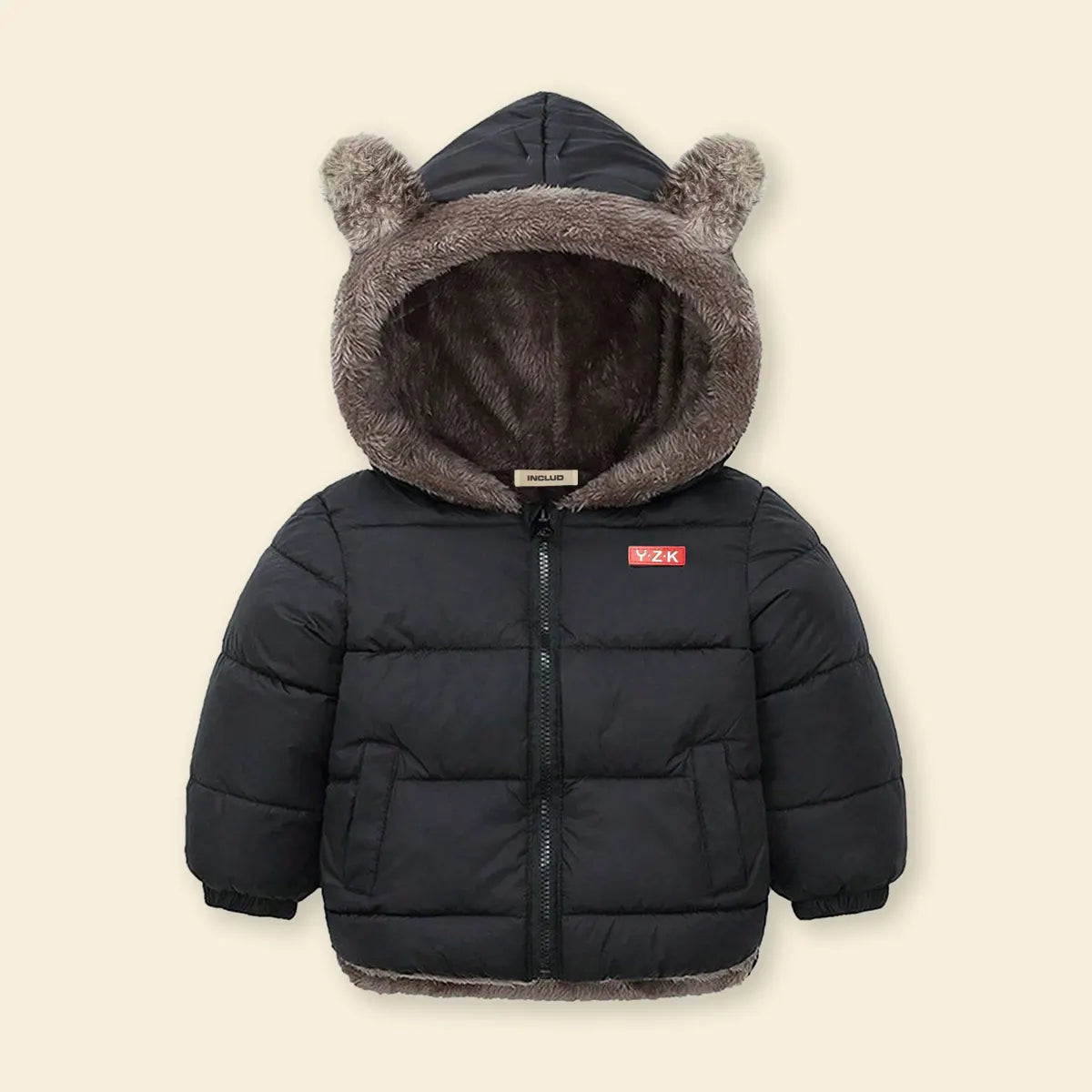 Boys Black Zip-up Puffer Jacket With Bear Ear On Hood