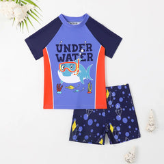 Boys Blue Graphics T-Shirt With Shorts Swimwear Sets