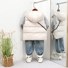 Boys Beige Hooded Sleeveless Puffer Vest With Patch Pockets