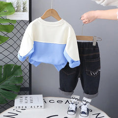 Boys Blue Graphics Printed Sweatshirt With Denim Pants Set