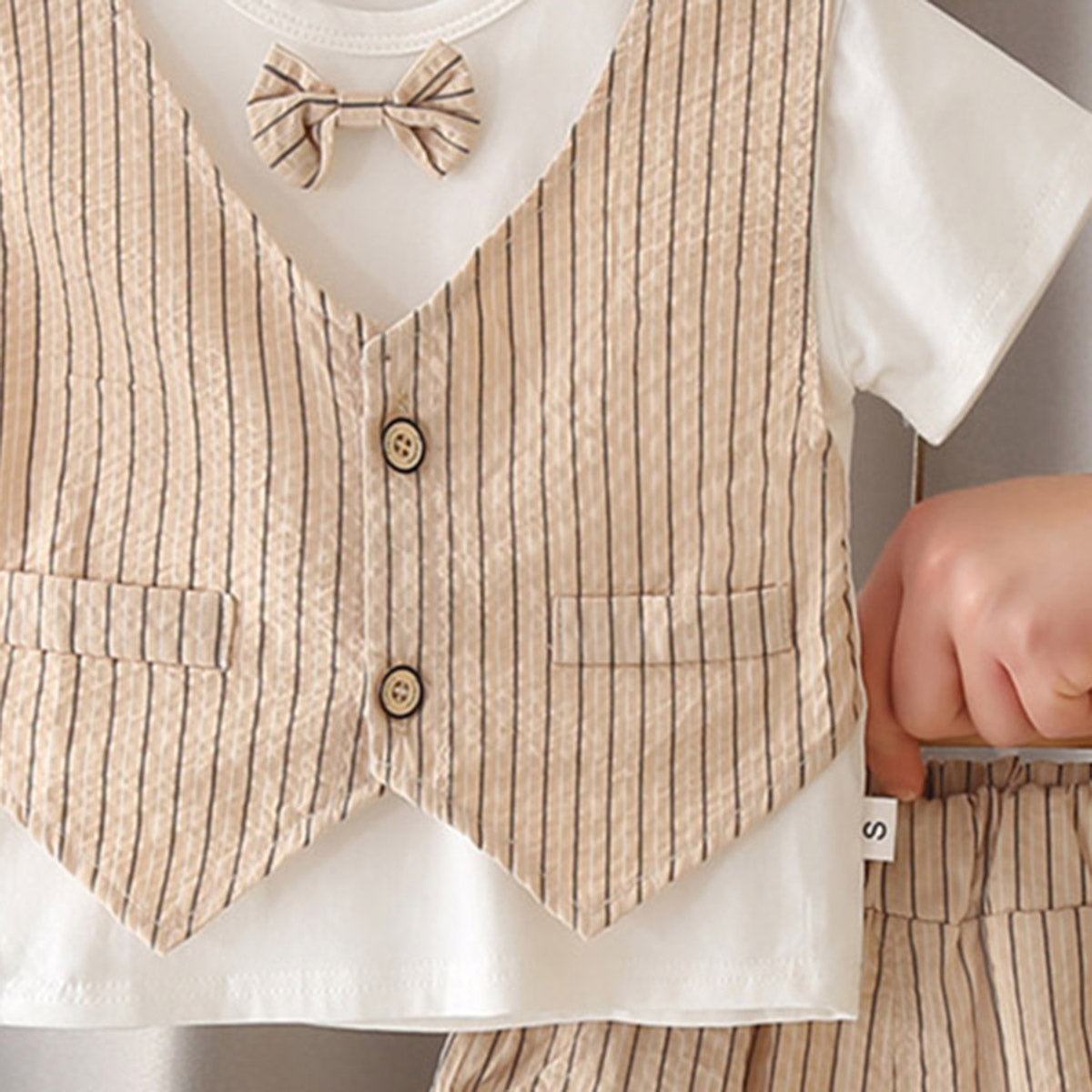 Boys Beige Striped Shorts with Short Sleeves T-shirt with attached Waistcoat Set