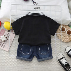 Boys Black Bear Printed Polo Polo T-Shirt With Denim Shorts Sets