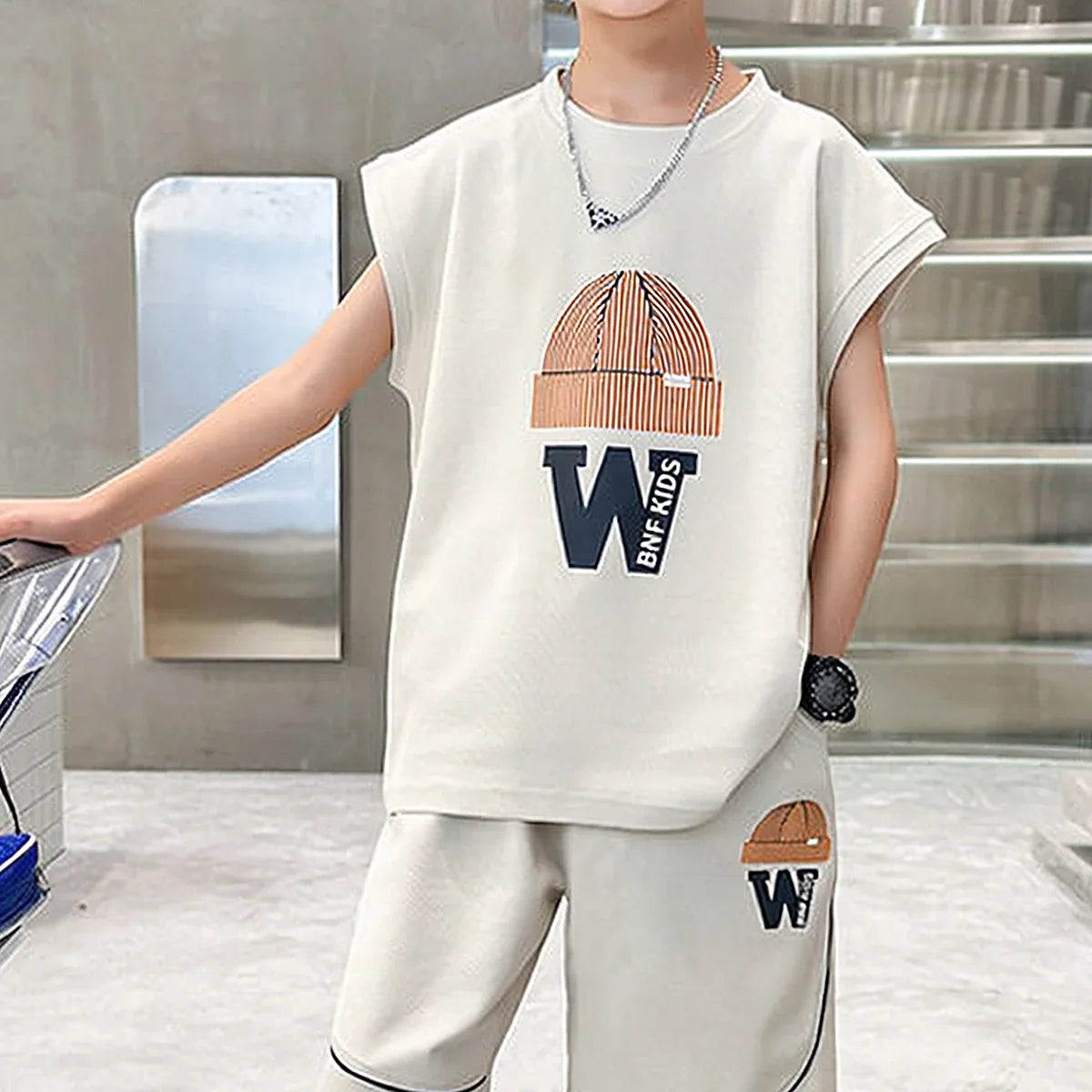 Boys Beige Graphic Sleeveless T-Shirt With Elasticated Long Shorts Sets