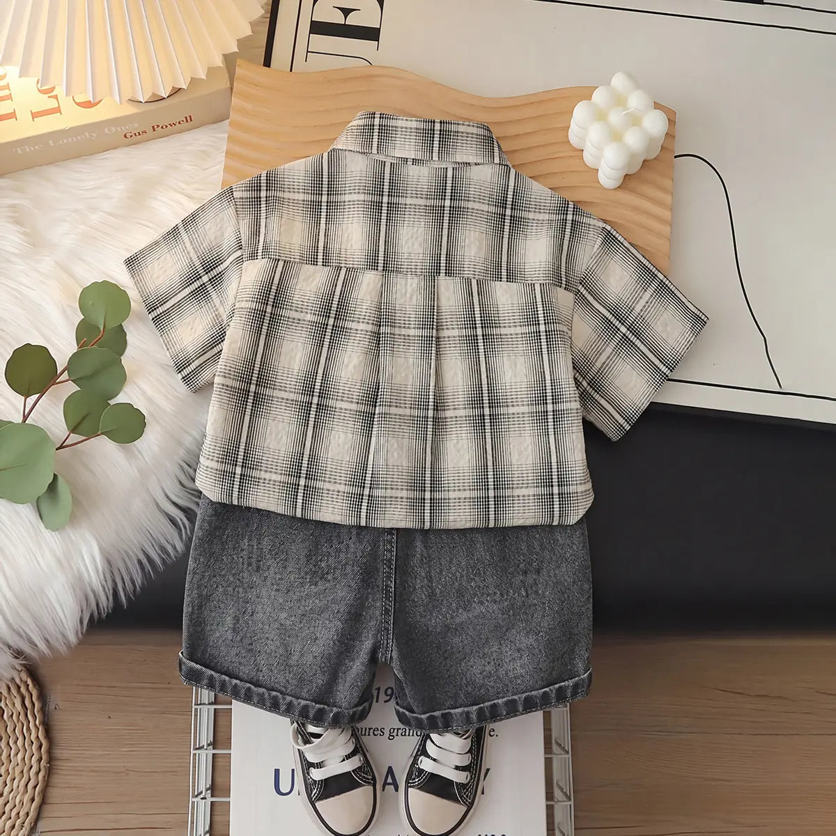 Boys Beige Checked Shirt With Printed T-Shirt And Denim Shorts Sets