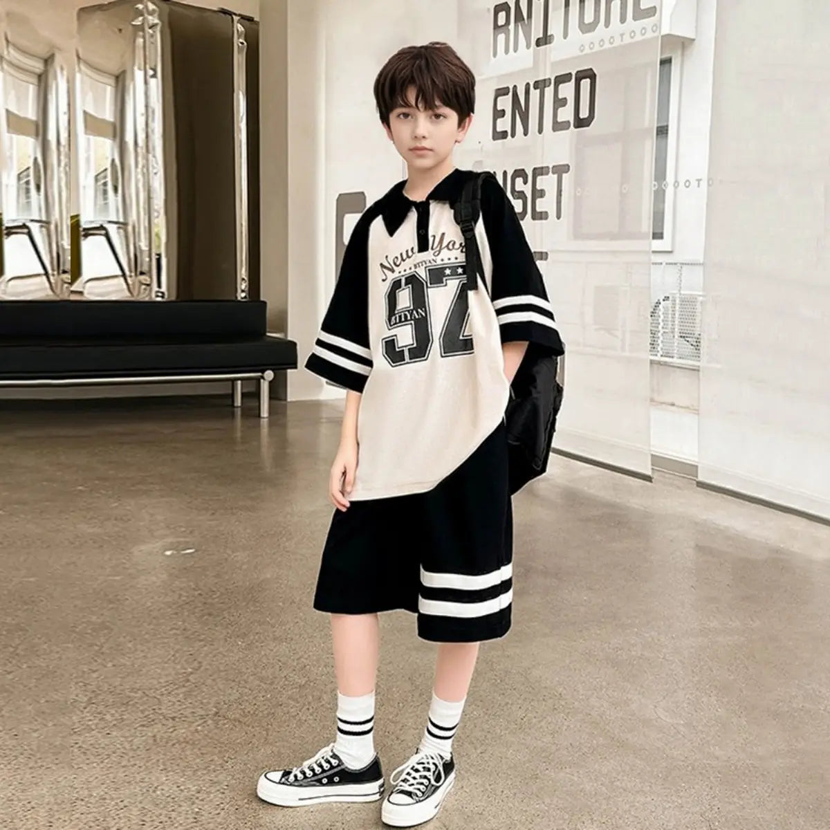 Boys Black Alphanumeric Printed Oversized T-Shirt With Shorts Co-ord Sets