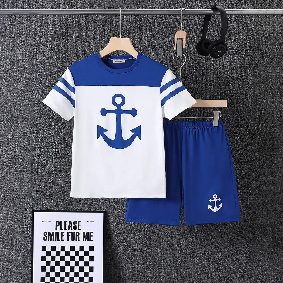 Boys Blue Anchor Printed T-Shirt With Shorts Sets