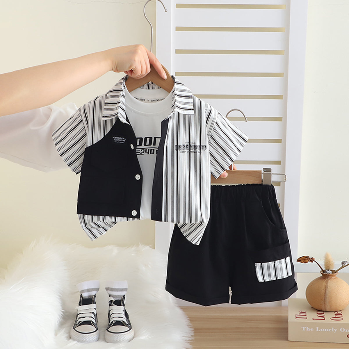 Boys Black Striped Short Sleeves Shirt With T-Shirt And Shorts Set