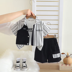 Boys Black Striped Short Sleeves Shirt With T-Shirt And Shorts Set