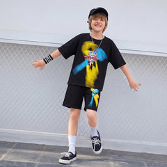 Boys Black Graphic Short Sleeve T-Shirt With Shorts Sets