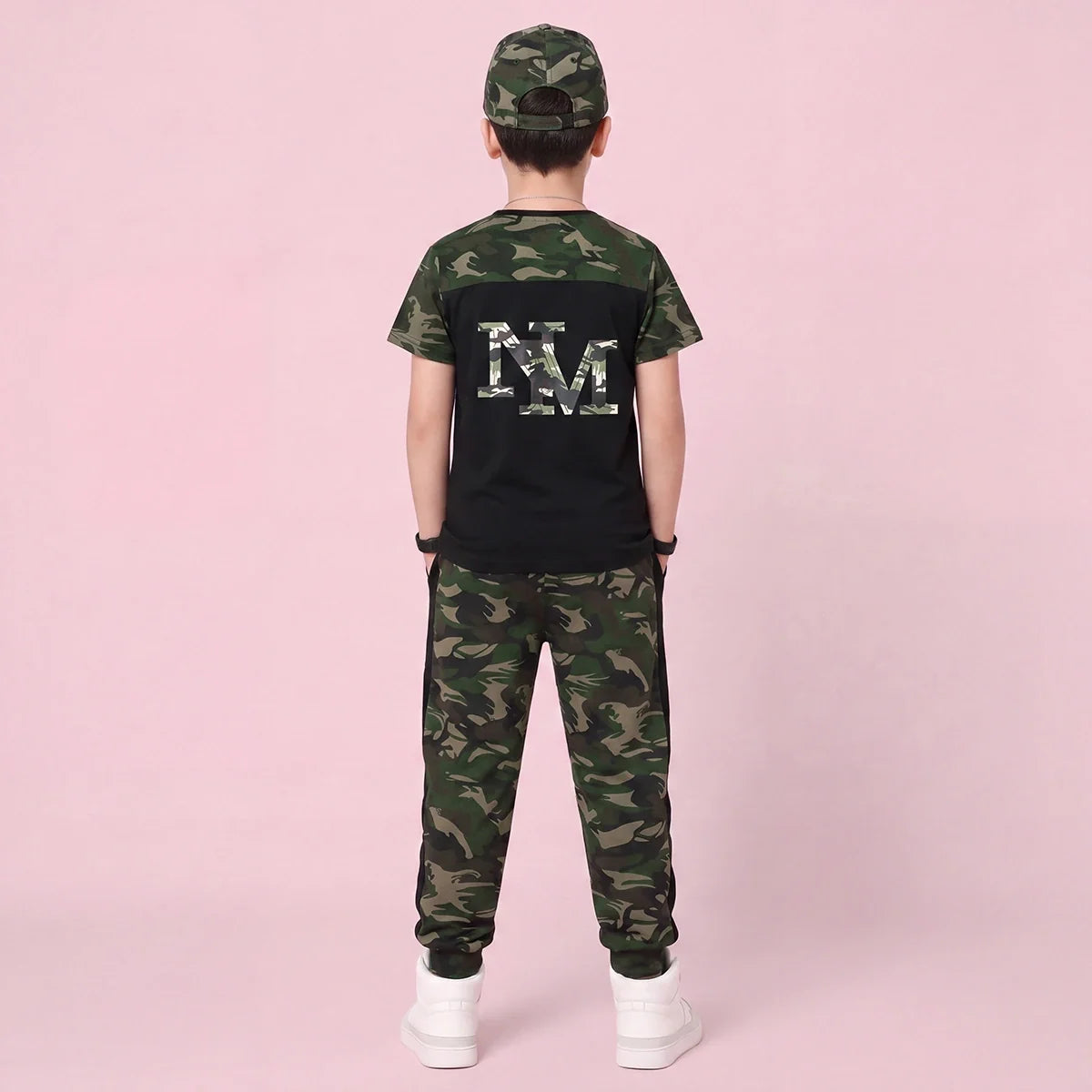 Boys Black Camouflage Print Short Sleeve T-Shirt With Pants Sets