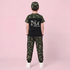Boys Black Camouflage Print Short Sleeve T-Shirt With Pants Sets