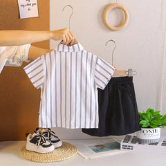 Boys Black Stripes Attached Front Waistcoat Shirt With Shorts Sets