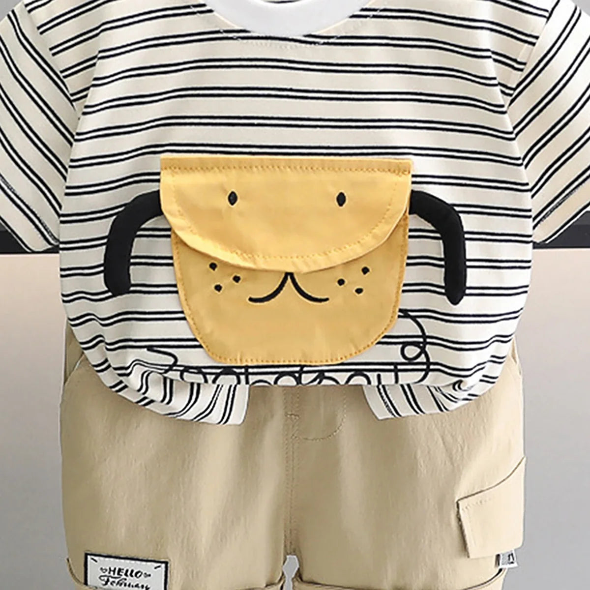 Boys Black Striped Dog Applique Short Sleeve T-Shirt With Shorts Sets