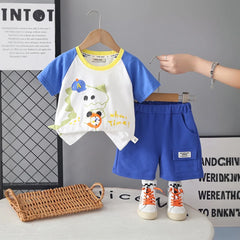 Boys Blue Dinosaur Cartoon Print T-Shirt With Shorts Set