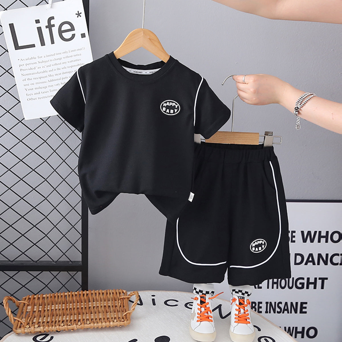 Boys Black Solid Short Sleeves Contrast Piping T-Shirt With Shorts Set