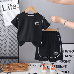 Boys Black Solid Short Sleeves Contrast Piping T-Shirt With Shorts Set