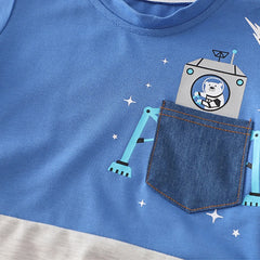 Boys Blue Graphics T-Shirt With Denim Shorts Set