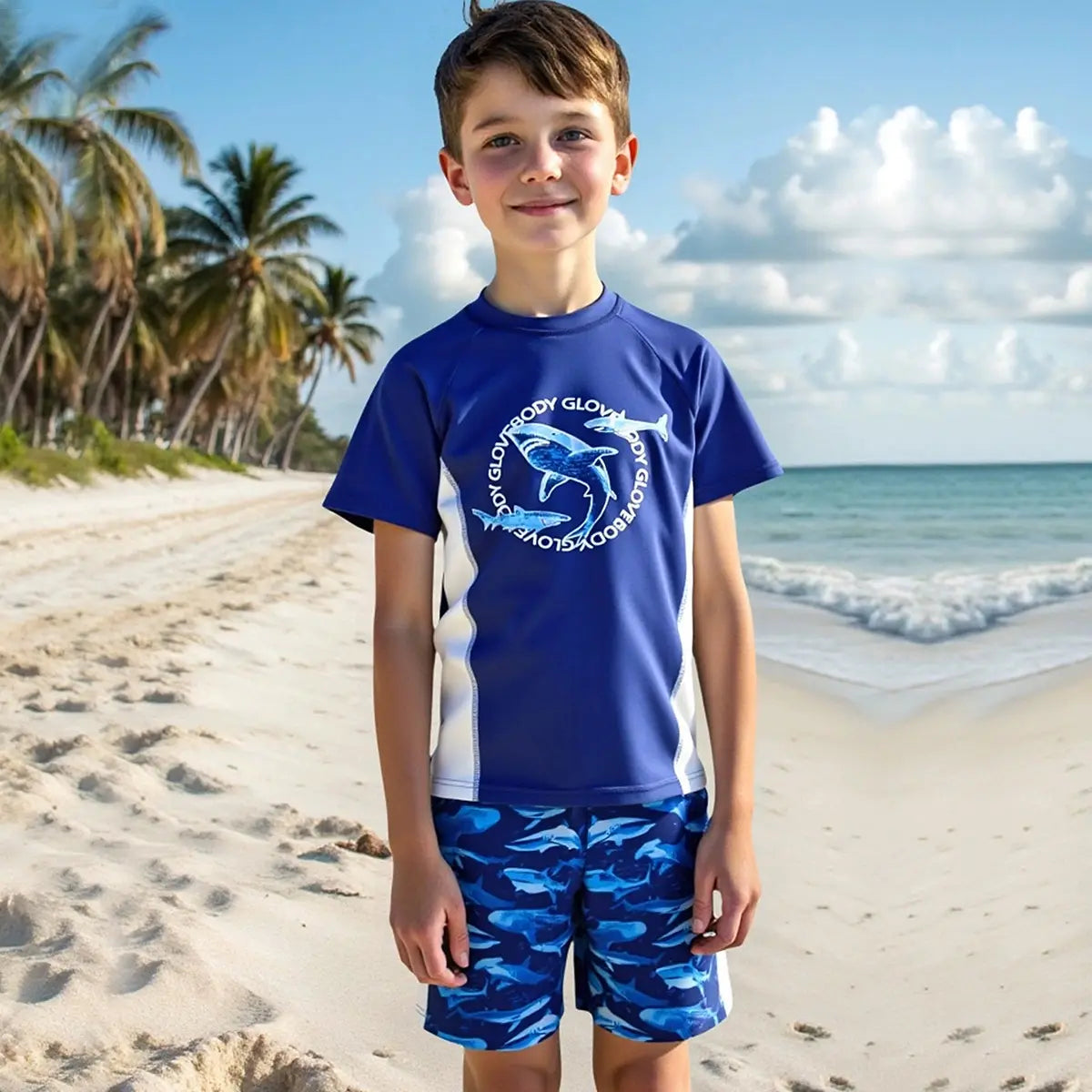 Boys Blue Fish Printed Short Sleeves T-Shirt & Shorts Swimsuit Sets
