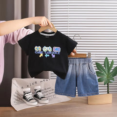 Boys Black Graphic Printed Short Sleeve T-Shirt With Denim Shorts Sets