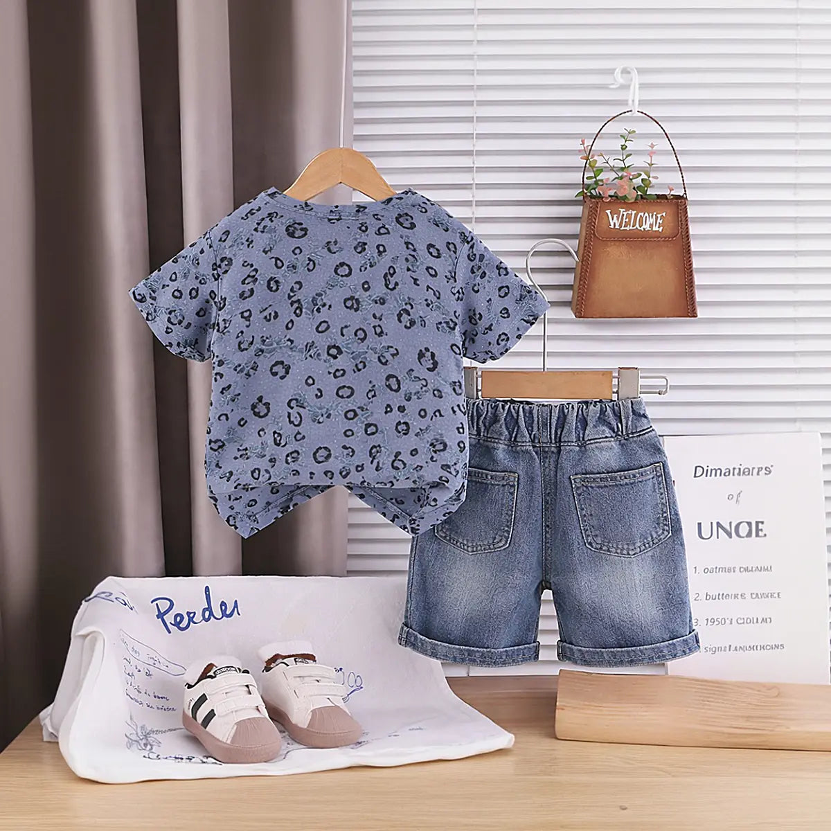 Boys Blue Leopard Distressed Print T-Shirt With Denim Shorts Sets