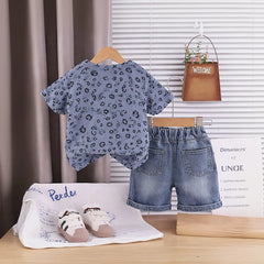 Boys Blue Leopard Distressed Print T-Shirt With Denim Shorts Sets