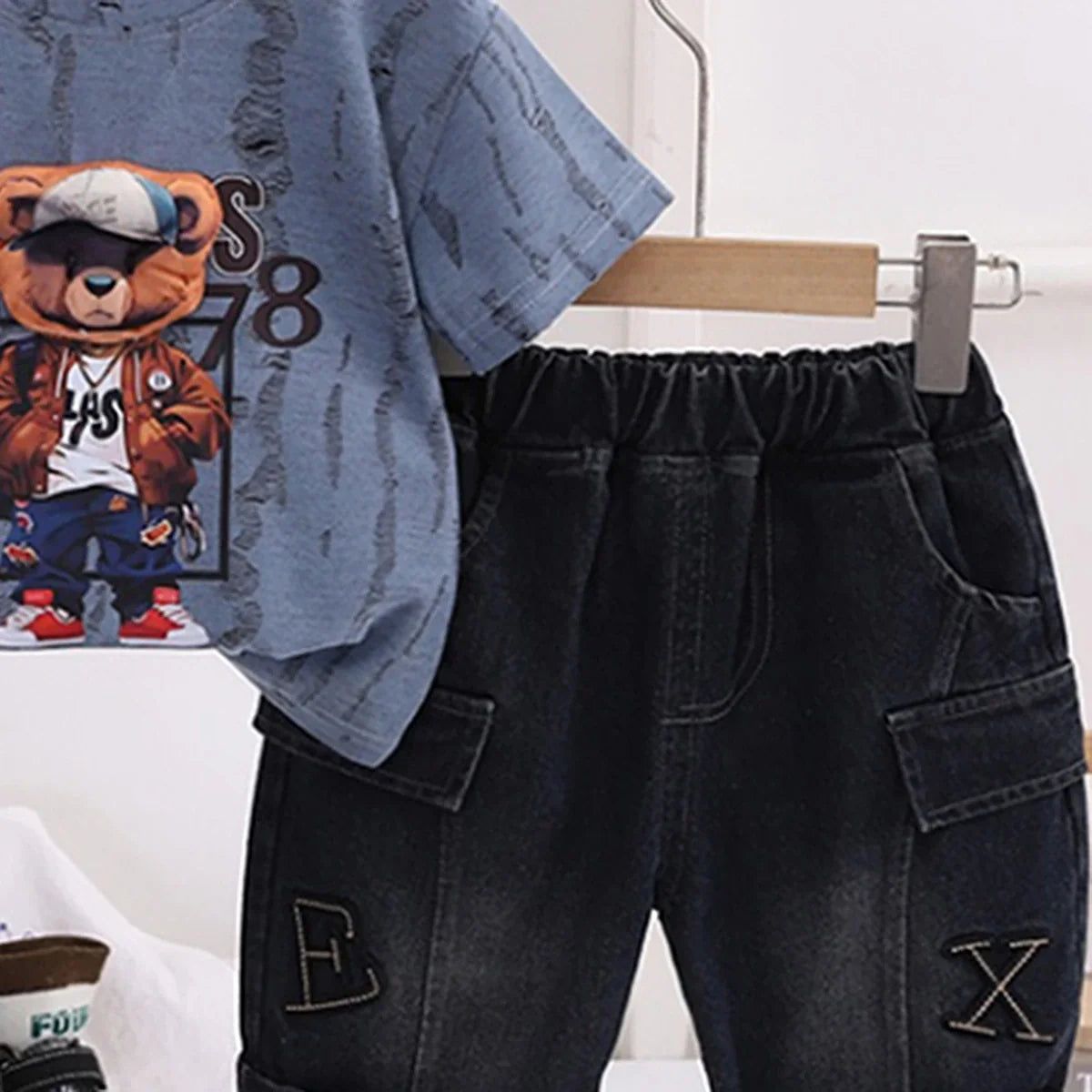 Boys Blue Bear Graphic Short Sleeve T-Shirt With Denim Shorts Sets