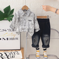 Boys Black Abstract Printed Long Sleeves Shirt With Denim Pants Set