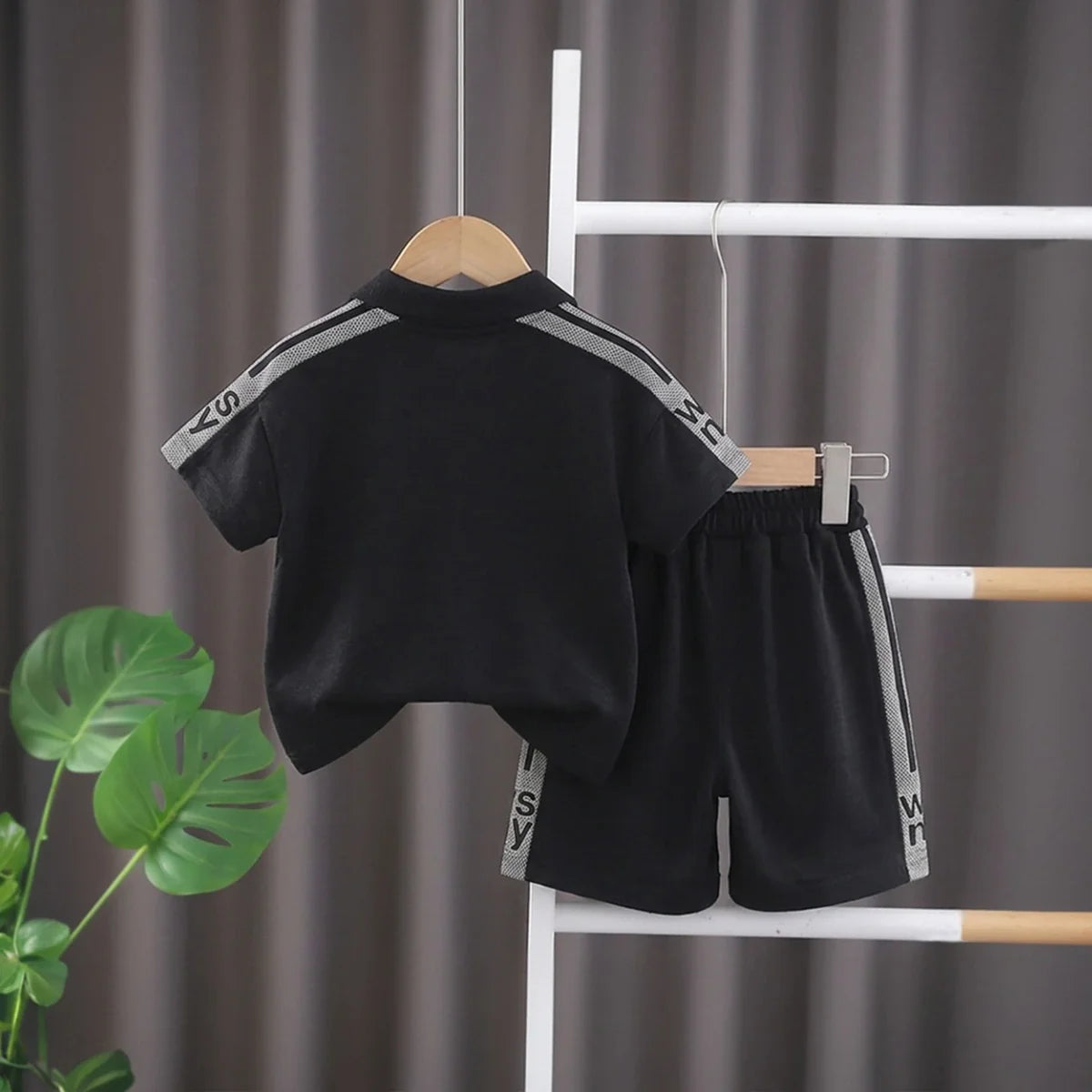 Boys Black Typographic Printed Short Sleeve Polo T-Shirt With Shorts Sets