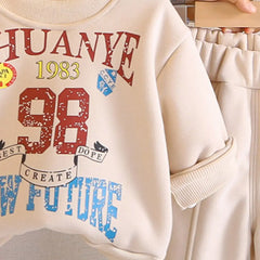 Boys Beige Alphanumeric Printed sweatshirt With Jogger Sets