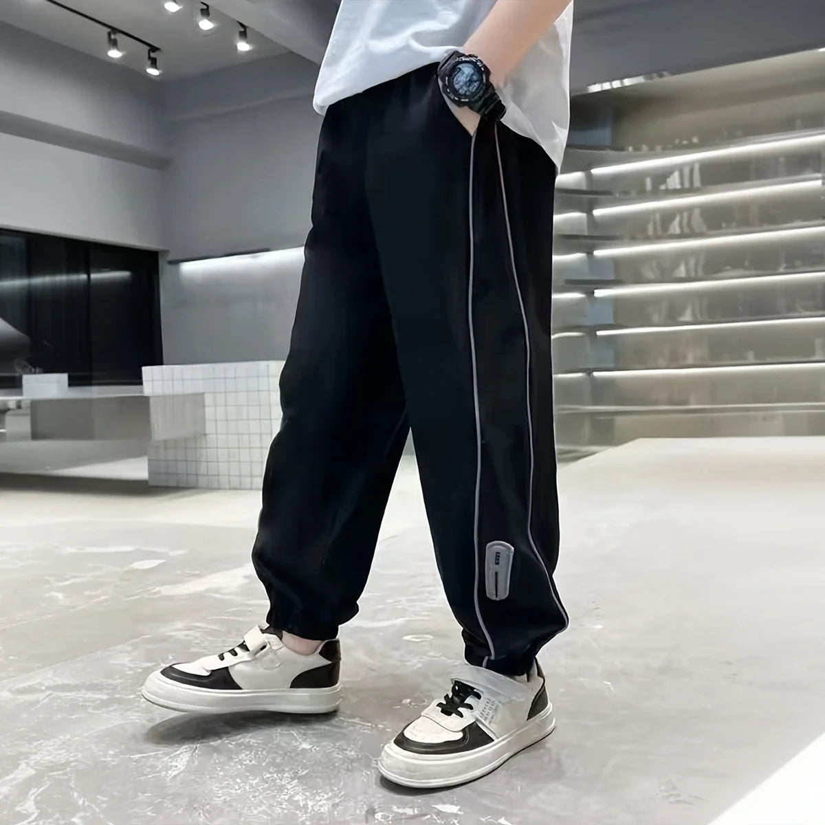 Boys Black Side Stripe Joggers